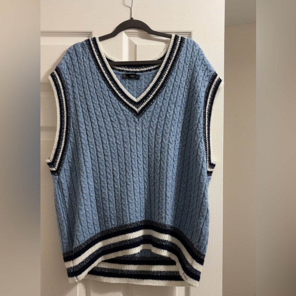 Mango Women’s Sky Blue Cable Knit V-Neck Sweater Vest with Black & White Trim